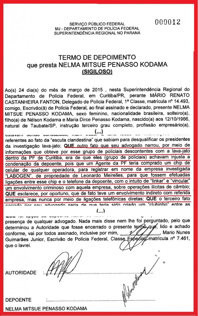 Depoimento de Nelma Kodana ao delegado Mario Fanton, em 24 de março de 2015.