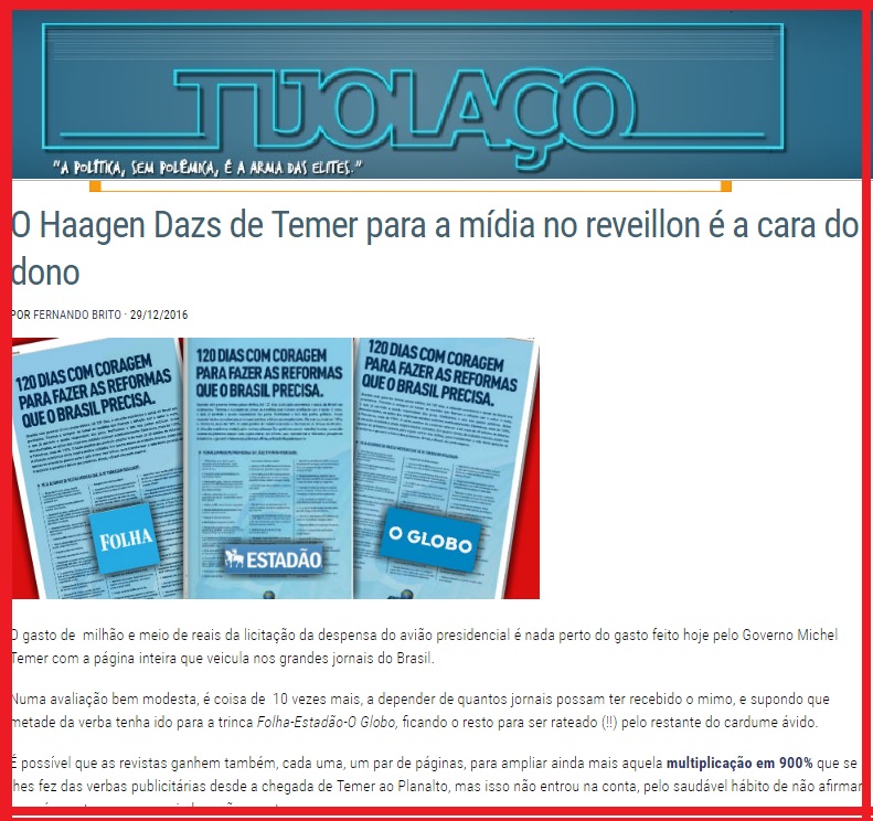 No Tijolaço de Fernando Brito, o cálculo do gasto como o refresco de Temer à mídia.