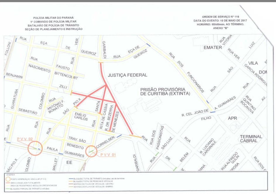 Região em torno do prédio da Justiça Federal  onde haverá bloqueio de transito total (em vermelho) e parcial (amarelo)