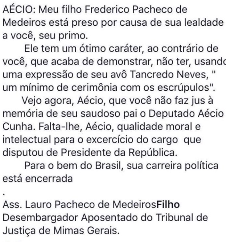Postagem no Facebook atribuída ao desembargador mineiro aposentado Lauro Pacheco de Menezes Filho.